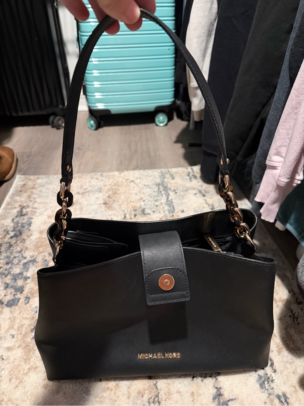 Michael Kors Black Leather Shoulder Bag with Gold-Tone Chain Strap